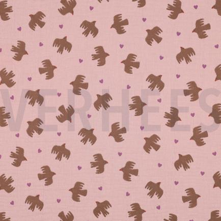 DOUBLE GAUZE GOTS VOGELS ZACHTROZE/OUDROZE (hover)
