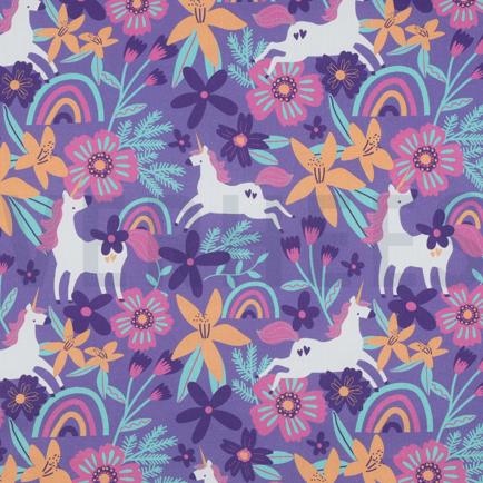 POPELINE DE COTON TISSAGE FIN FLEURS ET LICORNES LAVANDE (hover)