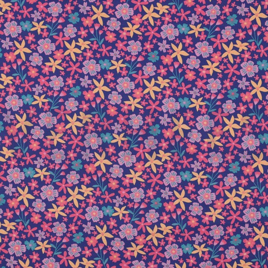 BAUMWOLLE POPELINE BLUMEN UND EINHÖRNER KOBALTBLAU #7