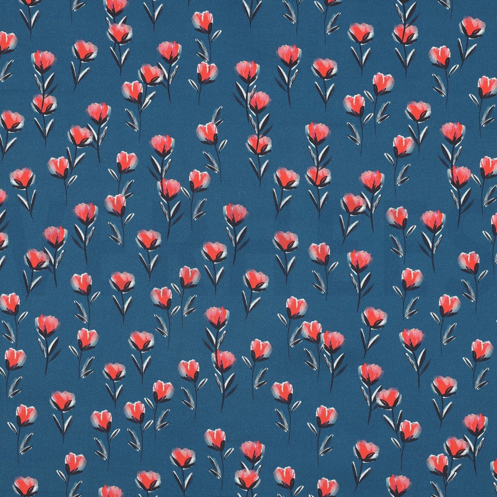 KATOENEN POPLIN DIGITAAL BLOEMEN PETROL