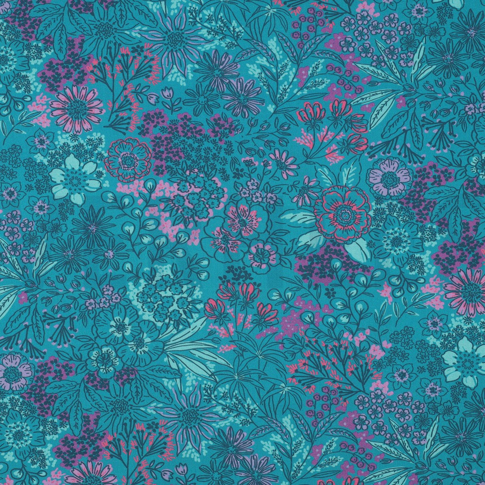 FINE POPLIN DIGITAL FLOWERS PETROL