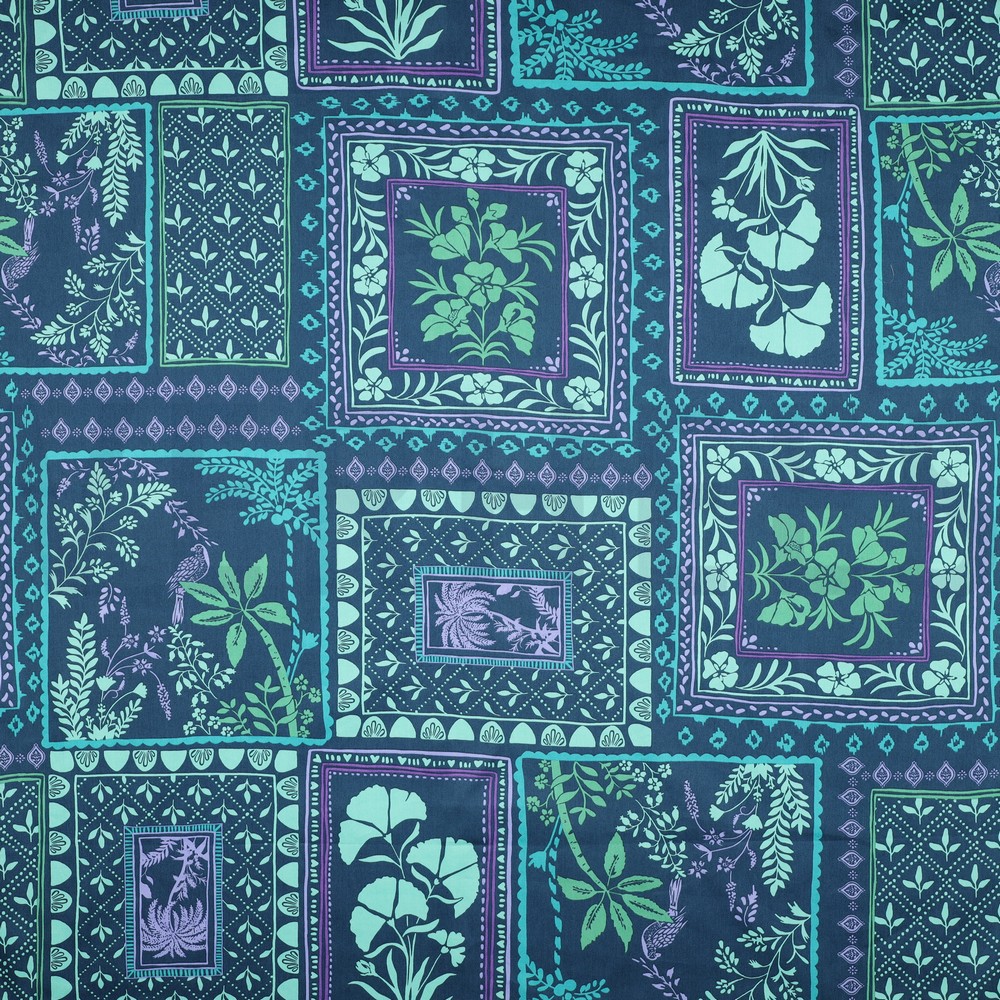 COTON SATIN PATCHWORK FLEURS PÉTROLE