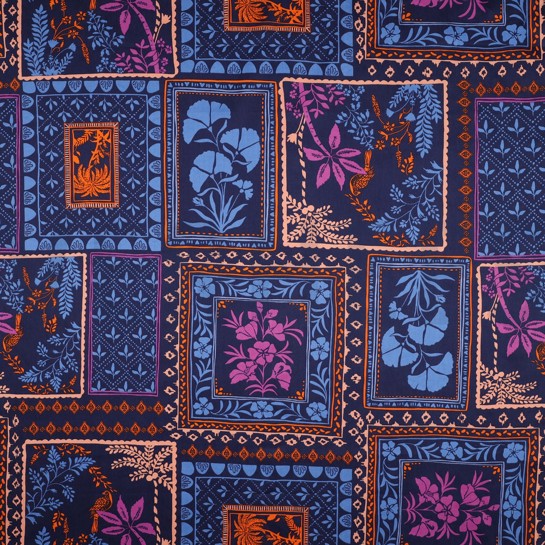 BAUMWOLLE SATIN PATCHWORK BLUMEN MARINEBLAU #7