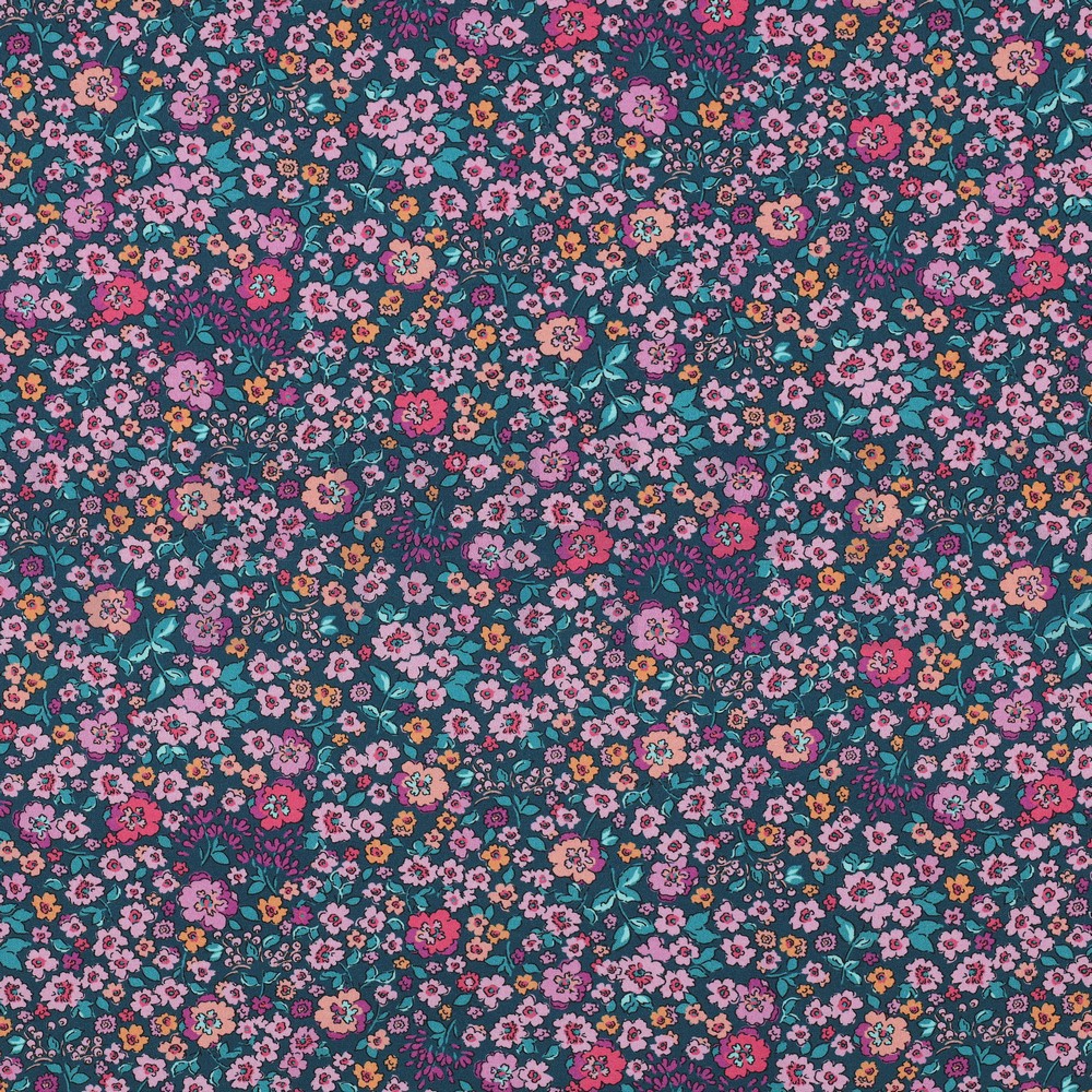 KATOENEN POPLIN DIGITAAL BLOEMEN DONKER PETROL