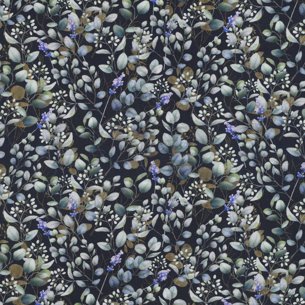 VISCOSE POPLIN STRETCH DIGITAAL BLADEREN MARINEBLAUW