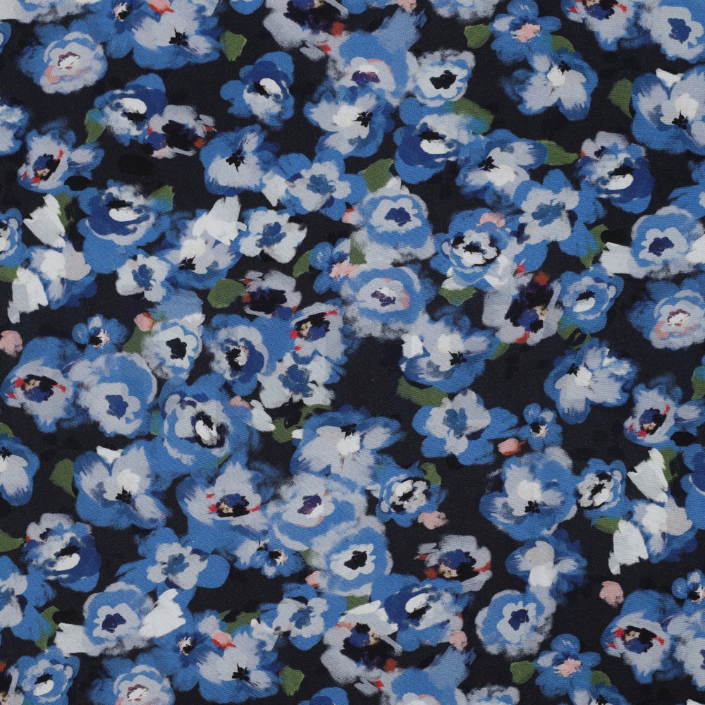 VISCOSE POPELINE STRETCH DIGITAL FLEURS BLEU MARINE