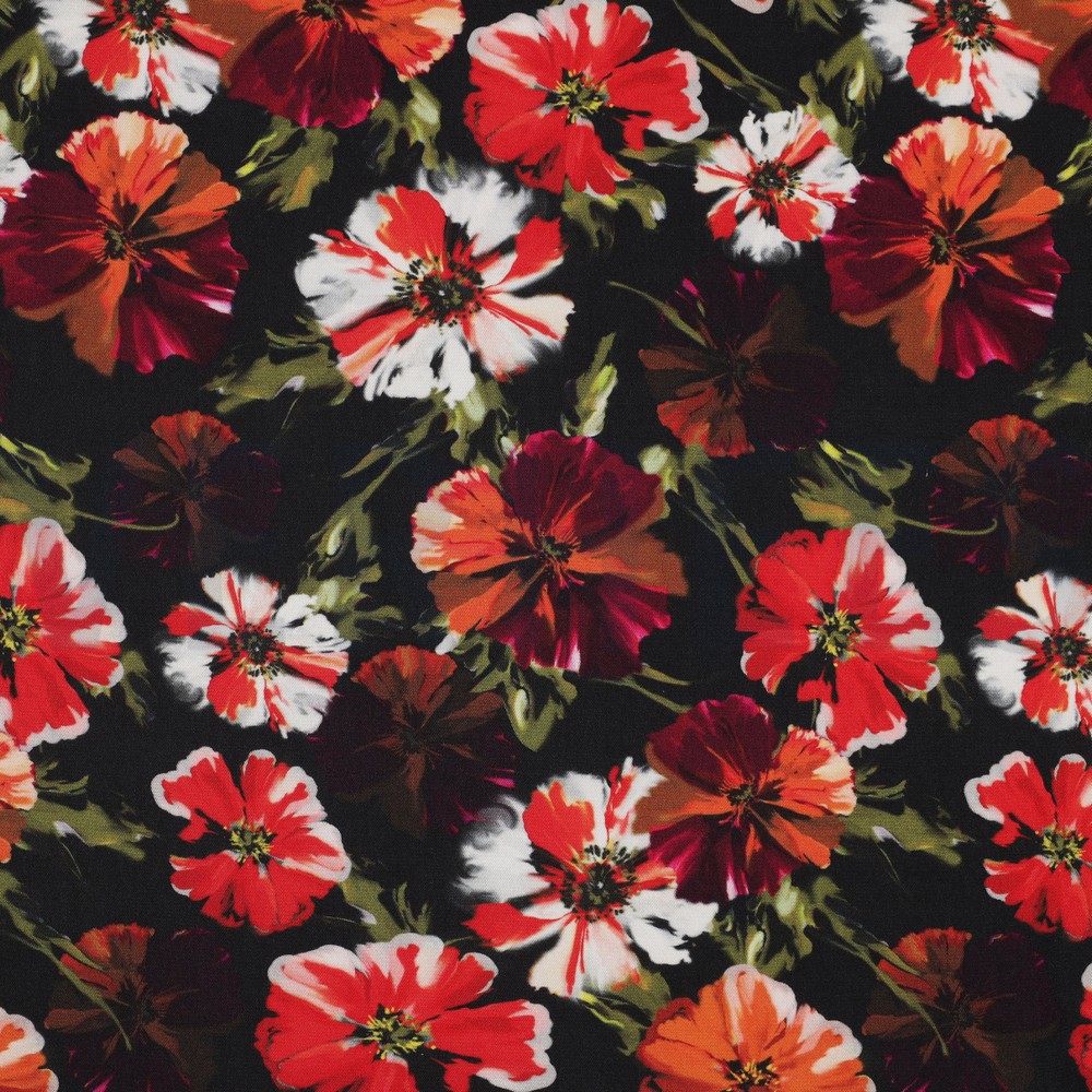 VISCOSE ROSELLA STRETCH DIGITAAL BLOEMEN ZWART