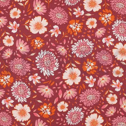 LIN VISCOSE LAVÉ FLEURS CORAIL FONCÉ (hover)