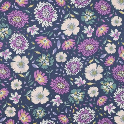 LIN VISCOSE LAVÉ FLEURS MARINE (hover)