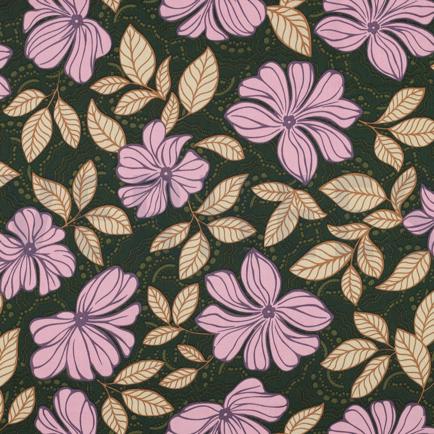 KATOEN SATIJN BLOEMEN DONKERGROEN (hover)