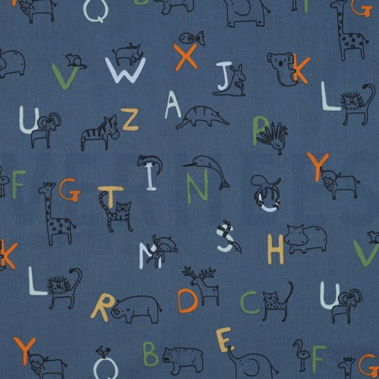 BAUMWOLLE POPELINE GOTS TIERALPHABET BLAU #7