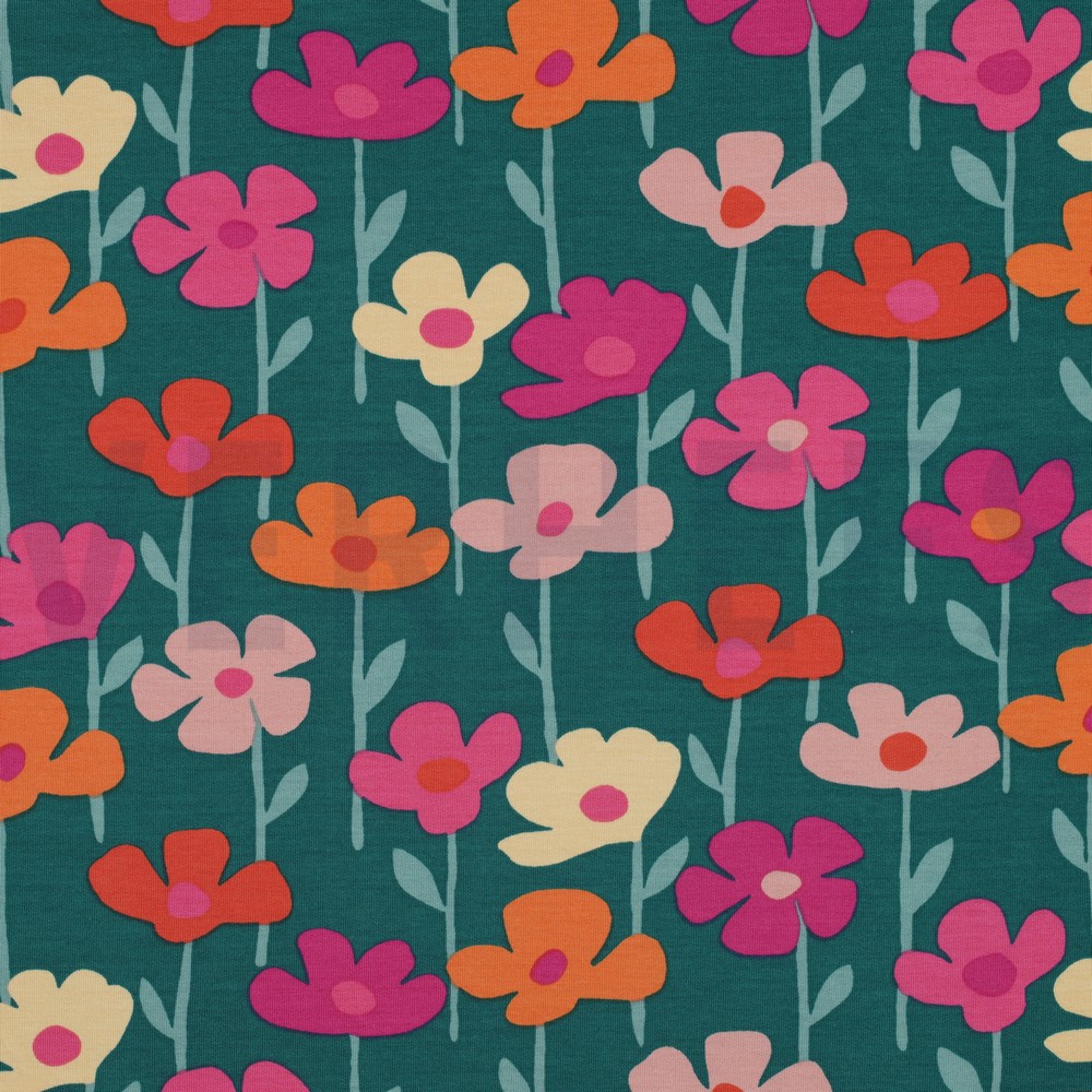 FRENCH TERRY FLOWERS DARK GREEN