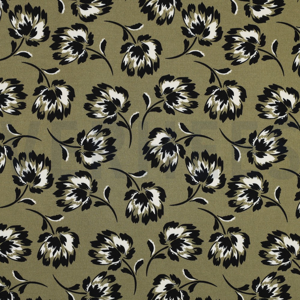 VISCOSE ROSELLA STRETCH BLOEMEN OLIJF