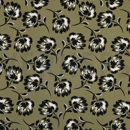 VISCOSE ROSELLA STRETCH FLEURS OLIVE (hover)