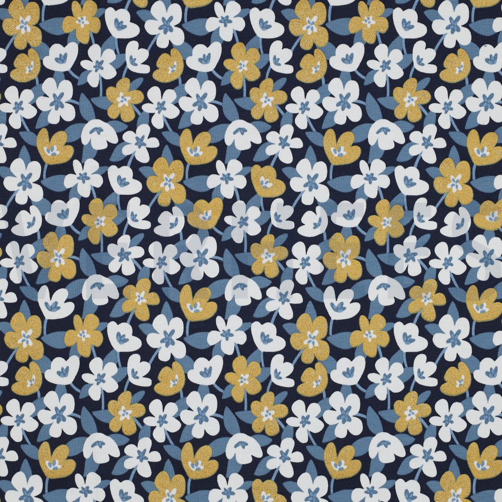 JERSEY PAILLETTES FLEURS BLEU MARINE