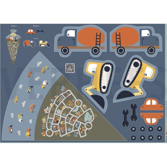 KATOENEN POPLIN DIGITAAL SCHULTÜTE AUTO’S PANEL BLAUW #7