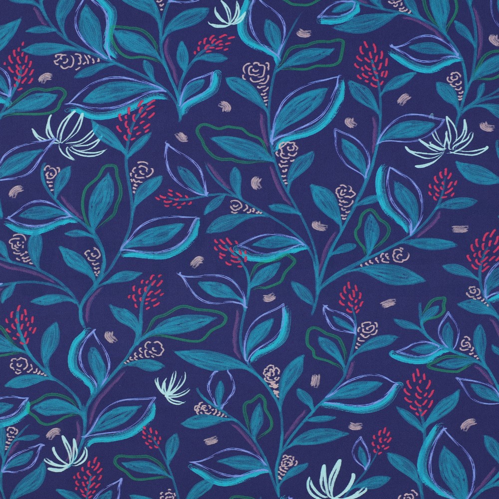 BAUMWOLLE POPELINE DIGITAL BLÄTTER KOBALTBLAU