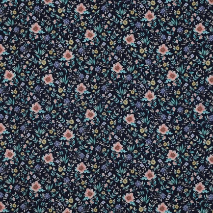 FINE POPLIN DIGITAL FLOWERS NAVY (hover)