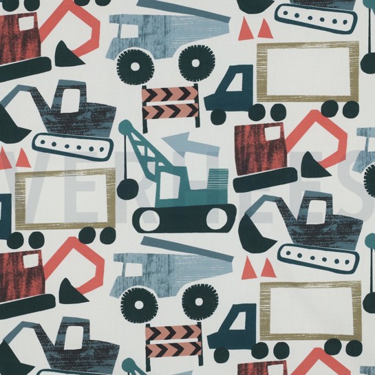 BAUMWOLLE POPELINE DIGITAL FAHRZEUGE GEBROCHEN WEISS #7
