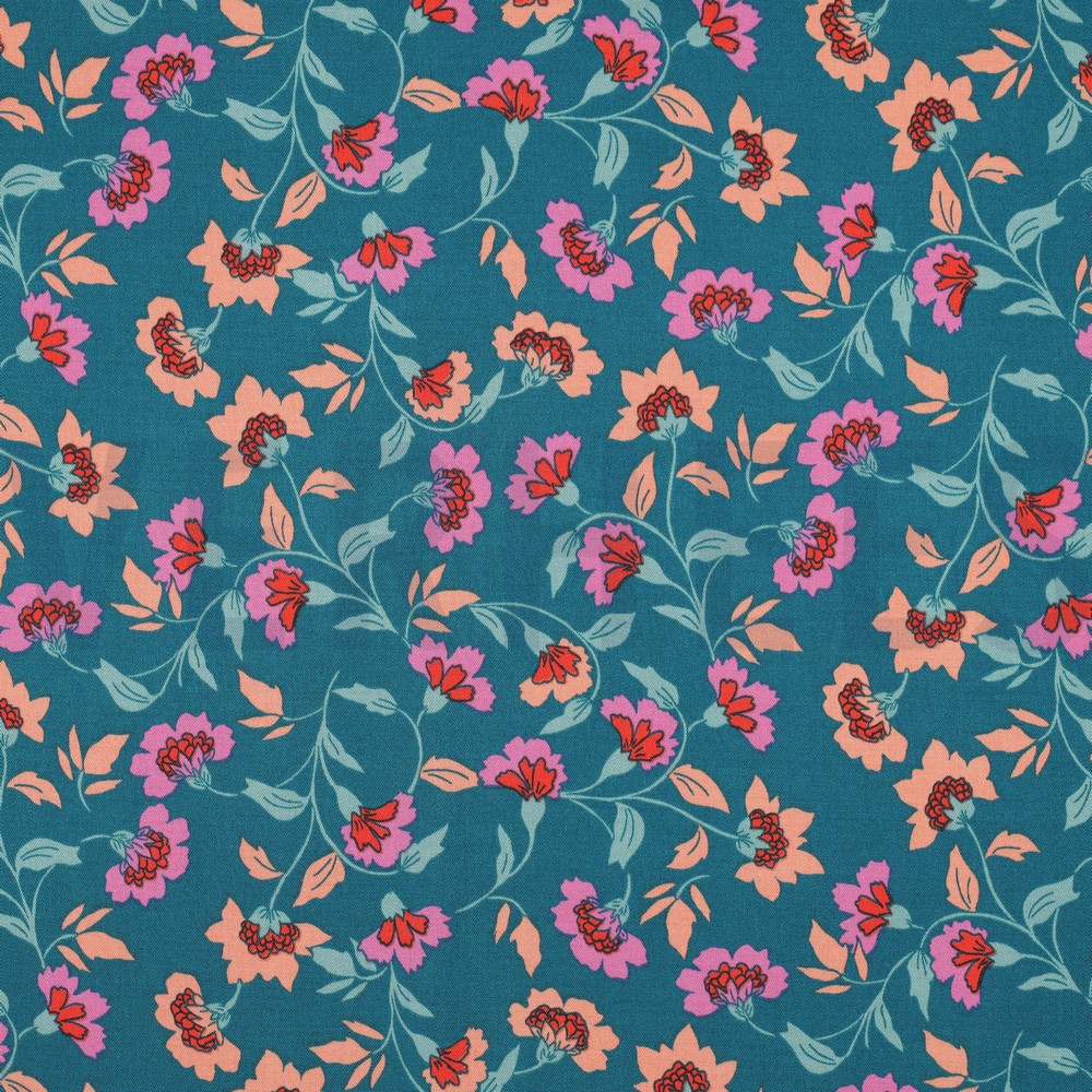 VISCOSE ROSELLA STRETCH FLOWERS PETROL