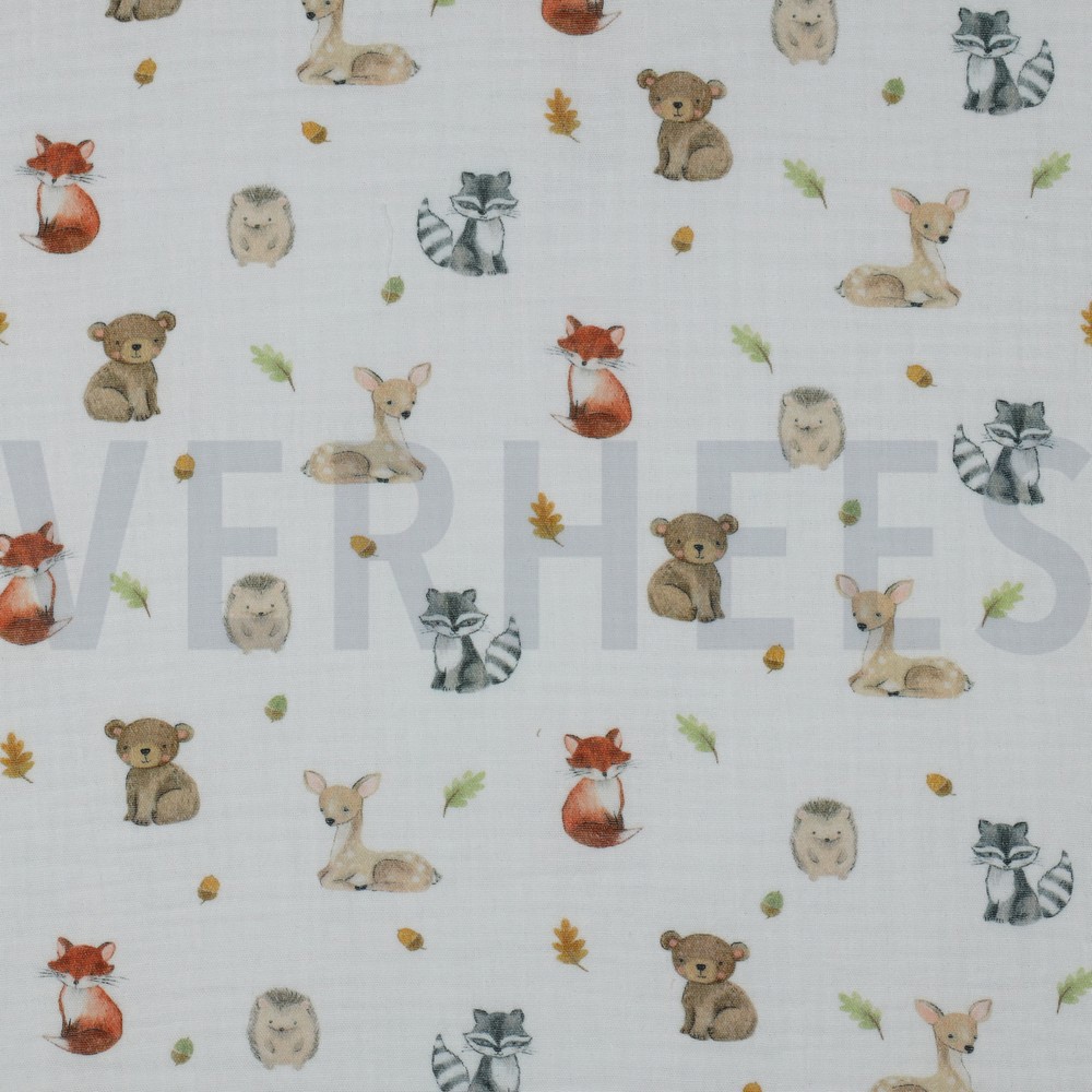 DOUBLE GAUZE DIGITAL FOREST ANIMALS WHITE