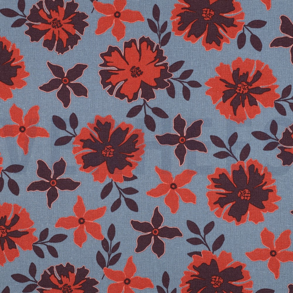 LINEN VISCOSE FLOWERS BLUE