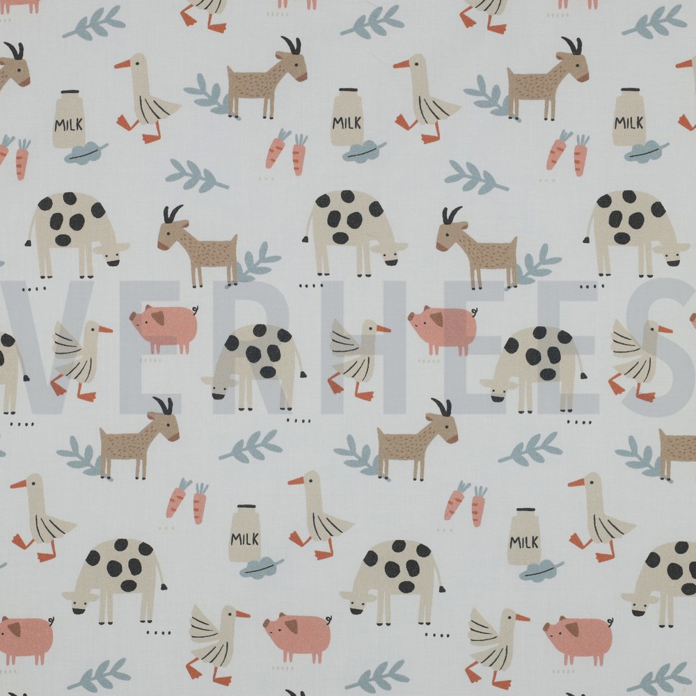 FINE POPLIN GOTS FARM ANIMALS WHITE