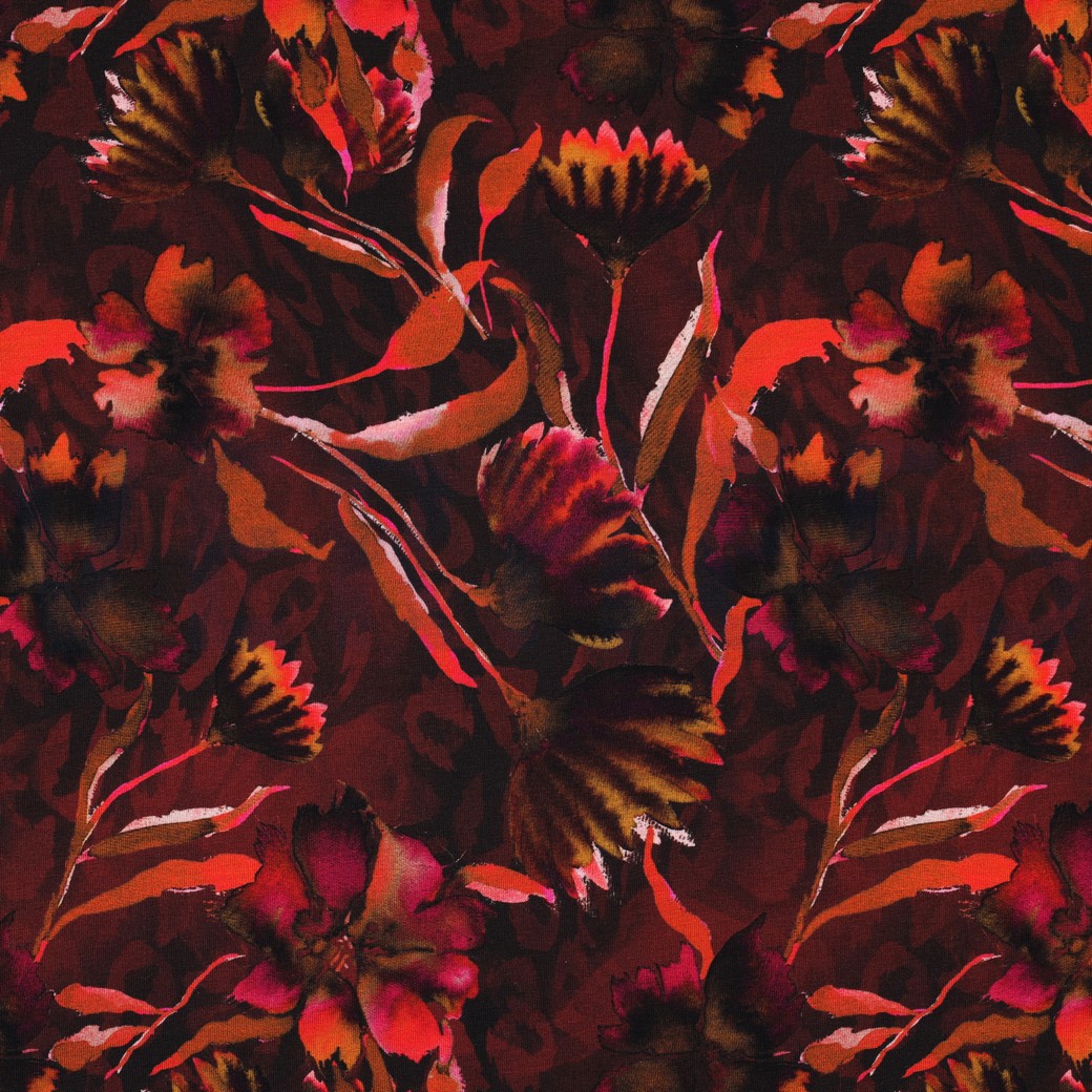 JERSEY DIGITAL FLOWERS BORDEAUX