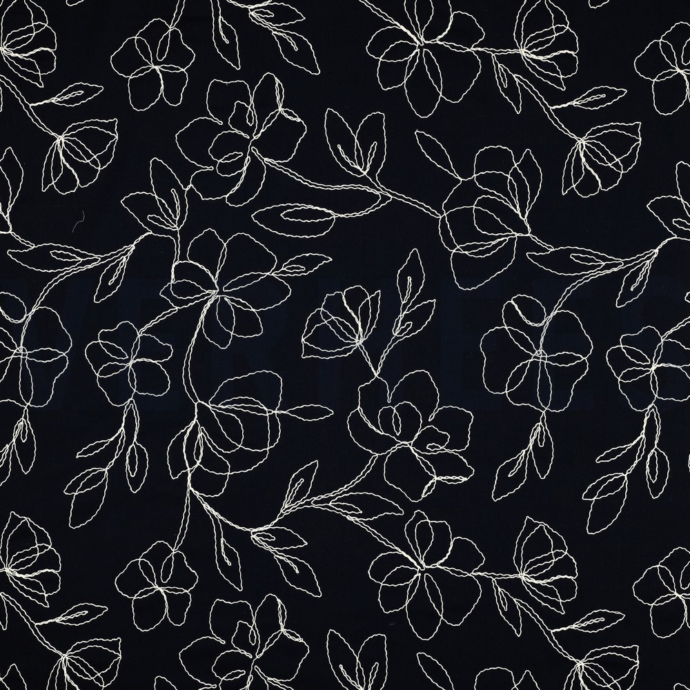 LINEN VISCOSE EMBROIDERY FLOWERS NAVY