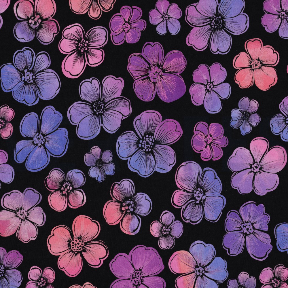 FRENCH TERRY DIGITAL FLEURS BLEU MARINE