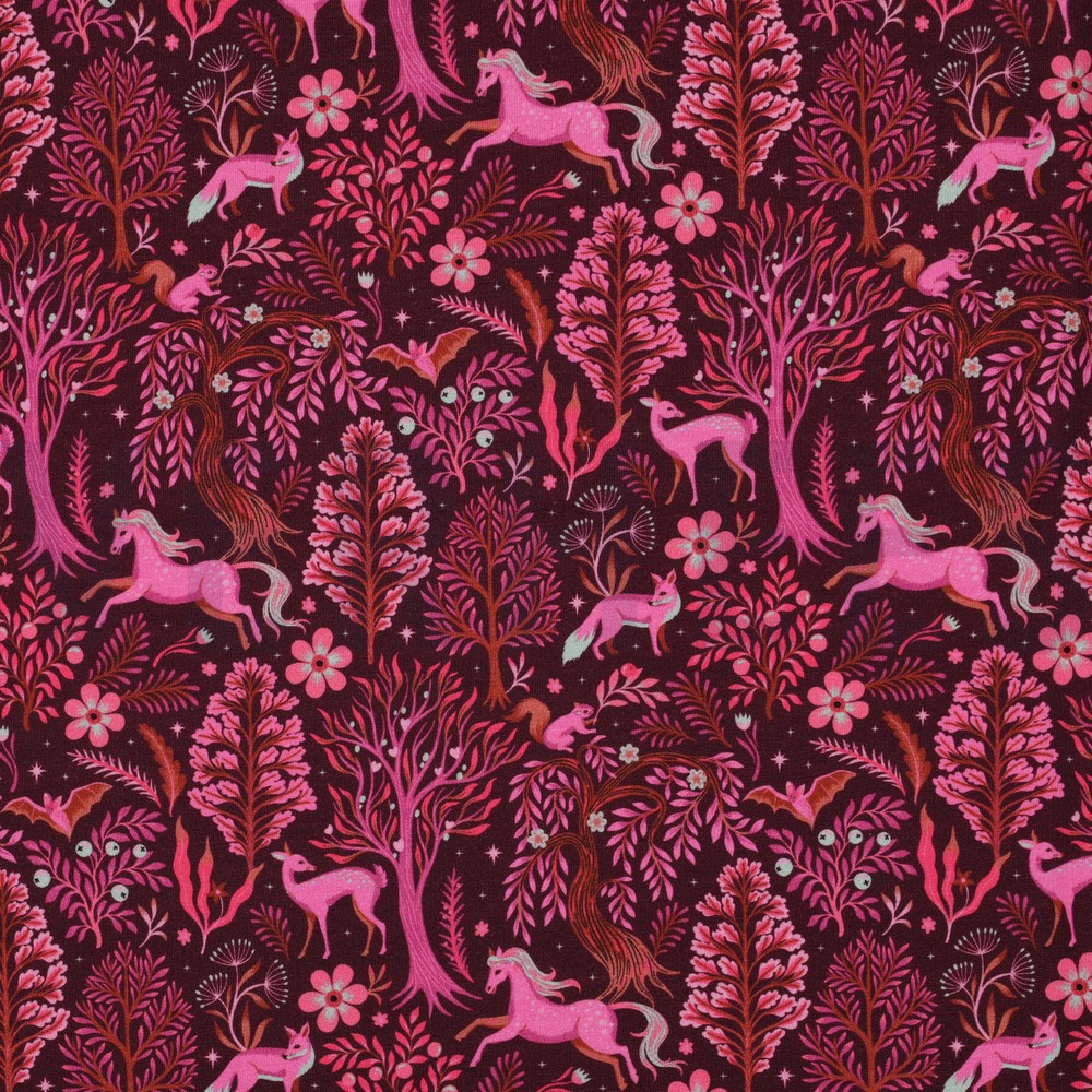 FRENCH TERRY DIGITAL FOREST ANIMALS BORDEAUX