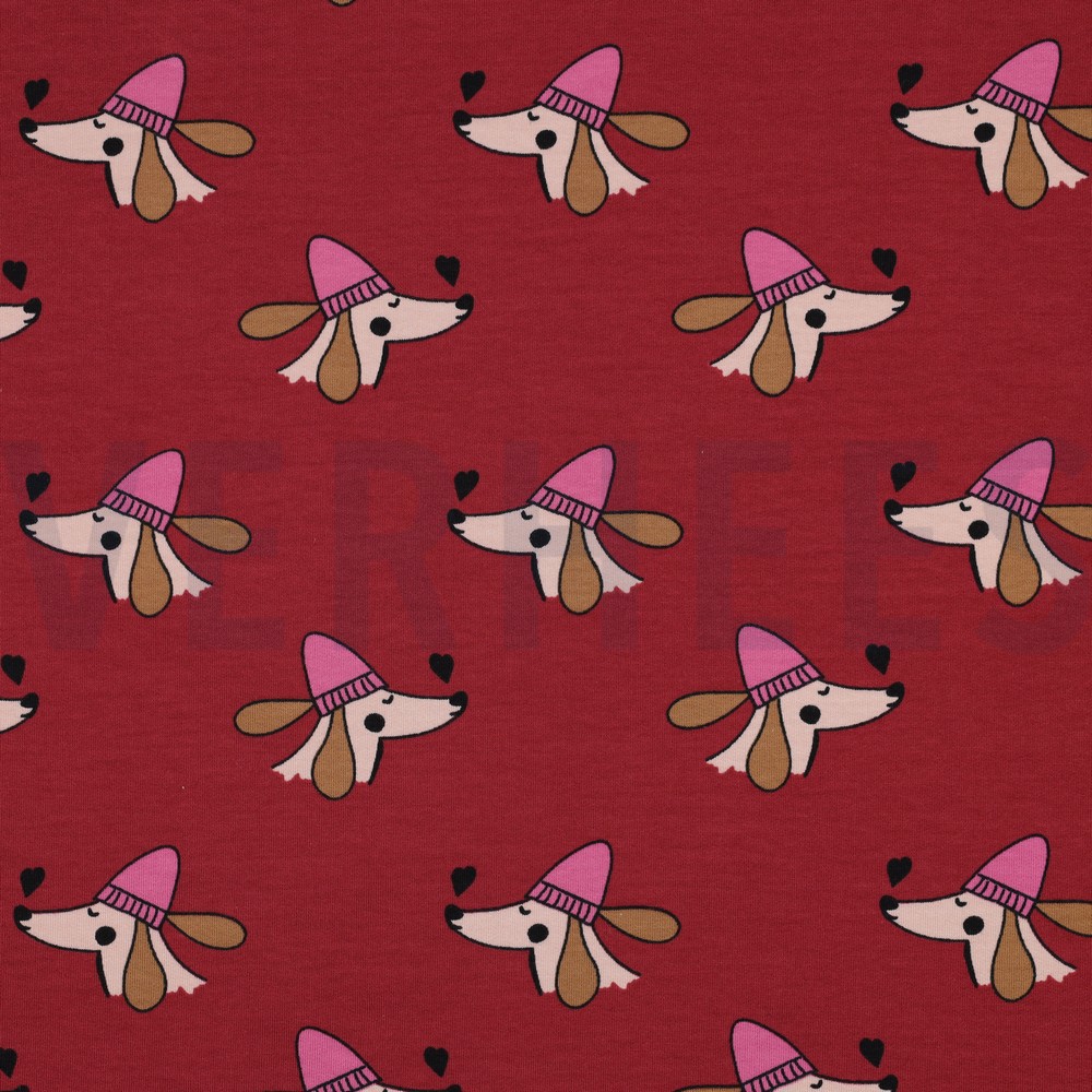 FRENCH TERRY HUNDE UND HERZEN ROT