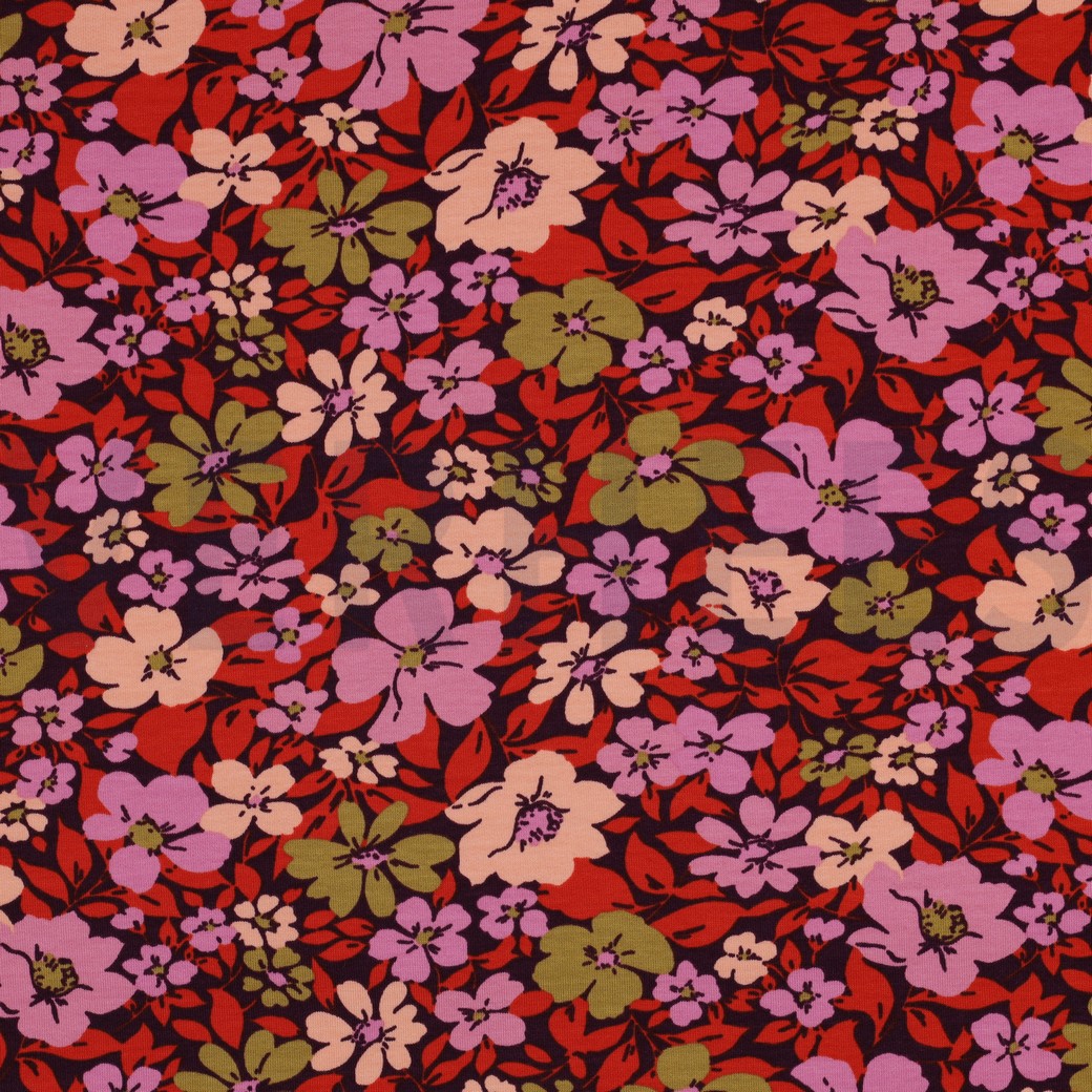 FRENCH TERRY FLOWERS BORDEAUX/ RED