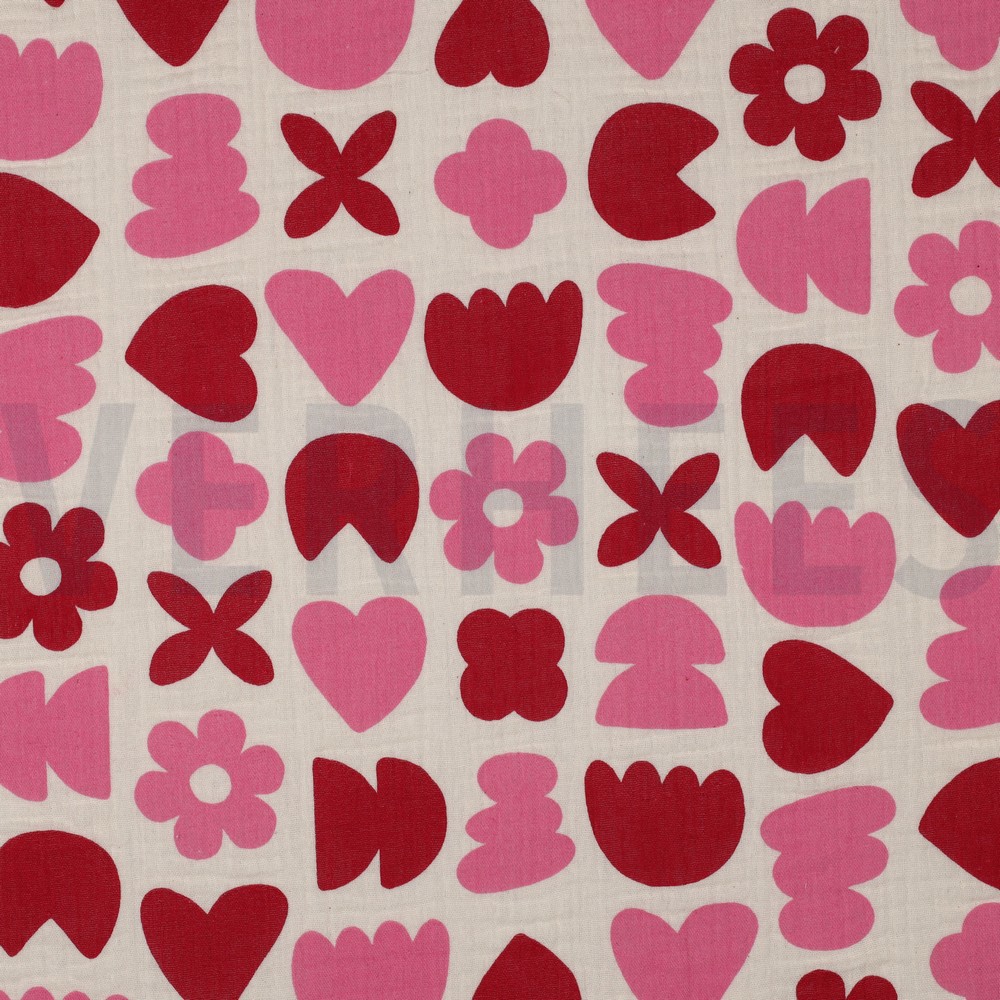 DOUBLE GAUZE GOTS NATURAL LOVE SHAPES NATURAL / FUCHSIA