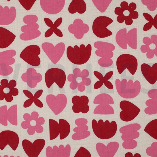 DOUBLE GAUZE GOTS NATURAL LOVE SHAPES NATURAL/FUCHSIA #7