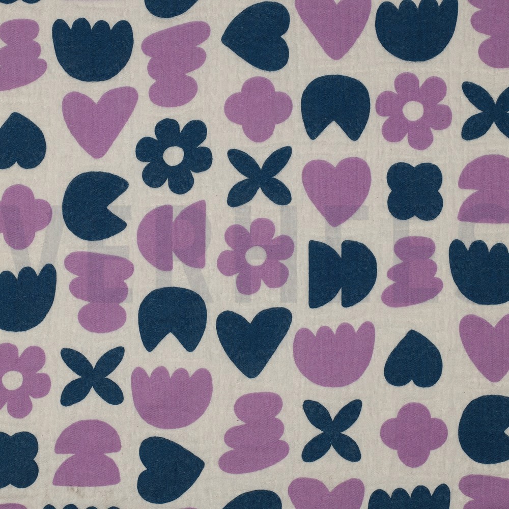 DOUBLE GAUZE GOTS NATURAL LOVE SHAPES NATURAL / PETROL