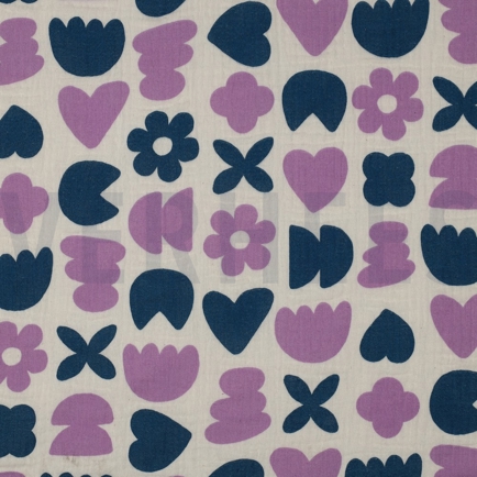 DOUBLE GAZE DE COTON GOTS NATUREL FORMES D’AMOUR NATUREL / PÉTROLE (hover)