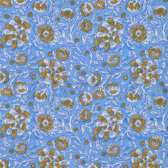 HANDGEMAAKTE BLOKPRINT KATOEN BLOEMEN BLAUW #7