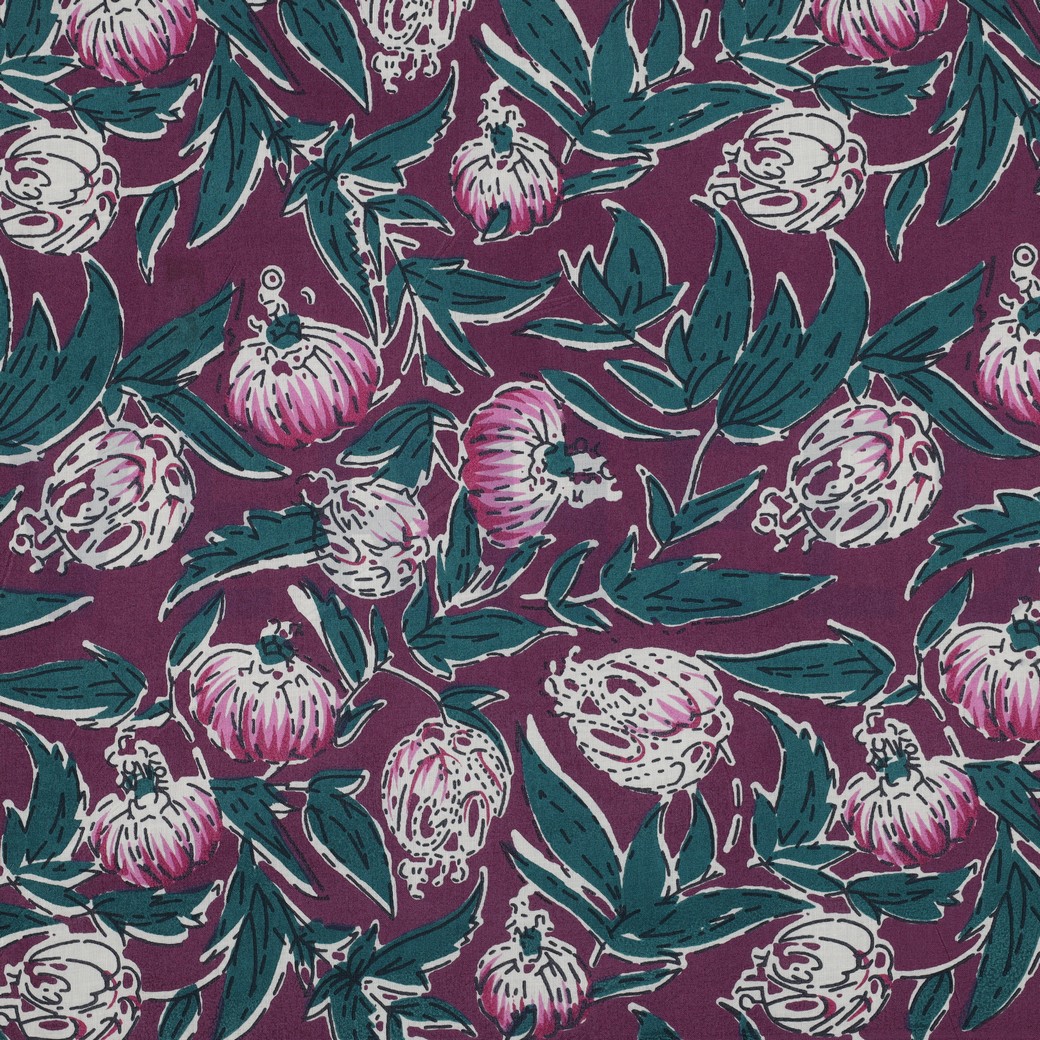 HANDCRAFTED BLOCK-PRINTED COTTON FLOWERS AUBERGINE
