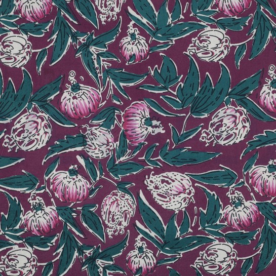 HANDGEMAAKTE BLOKPRINT KATOEN BLOEMEN AUBERGINE #7