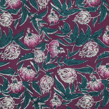 COTON IMPRIMÉ BLOCK FAIT MAIN FLEURS AUBERGINE (hover)