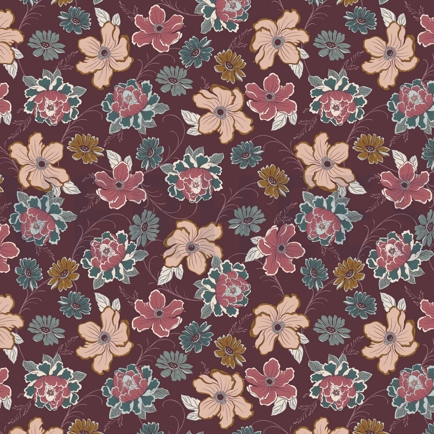 VISCOSE ROSELLA STRETCH BLOEMEN AUBERGINE (hover)