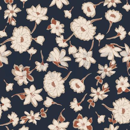 LINNEN GEWASSEN GROTE BLOEMEN MARINEBLAUW (hover)