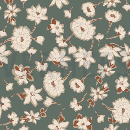 LINNEN GEWASSEN GROTE BLOEMEN OUDGROEN (hover)