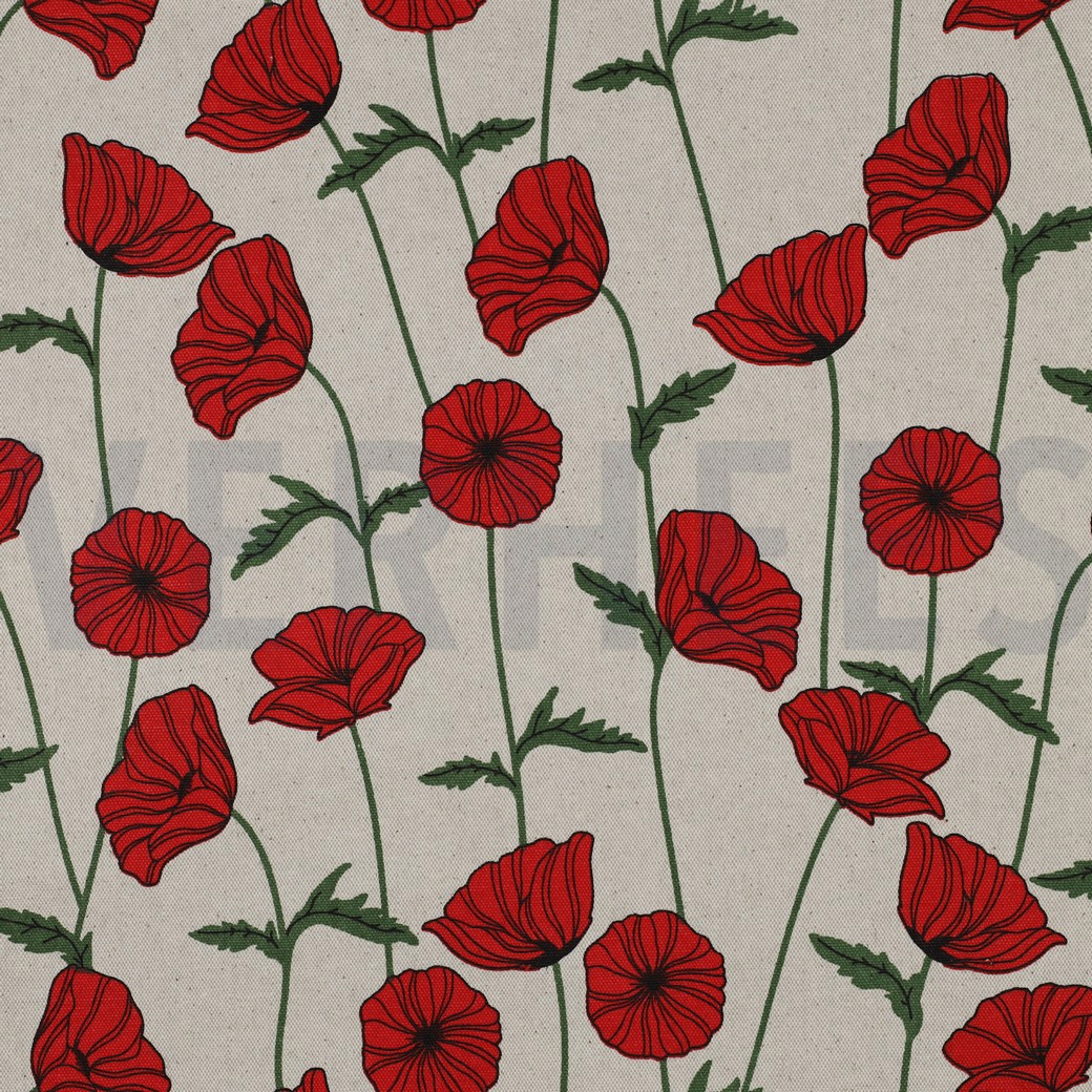 COATED CANVAS LINEN LOOK POPPY FLOWERS NATURAL