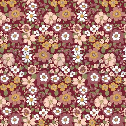POPELINE DE COTON FLEURS ROUGE VIN (hover)