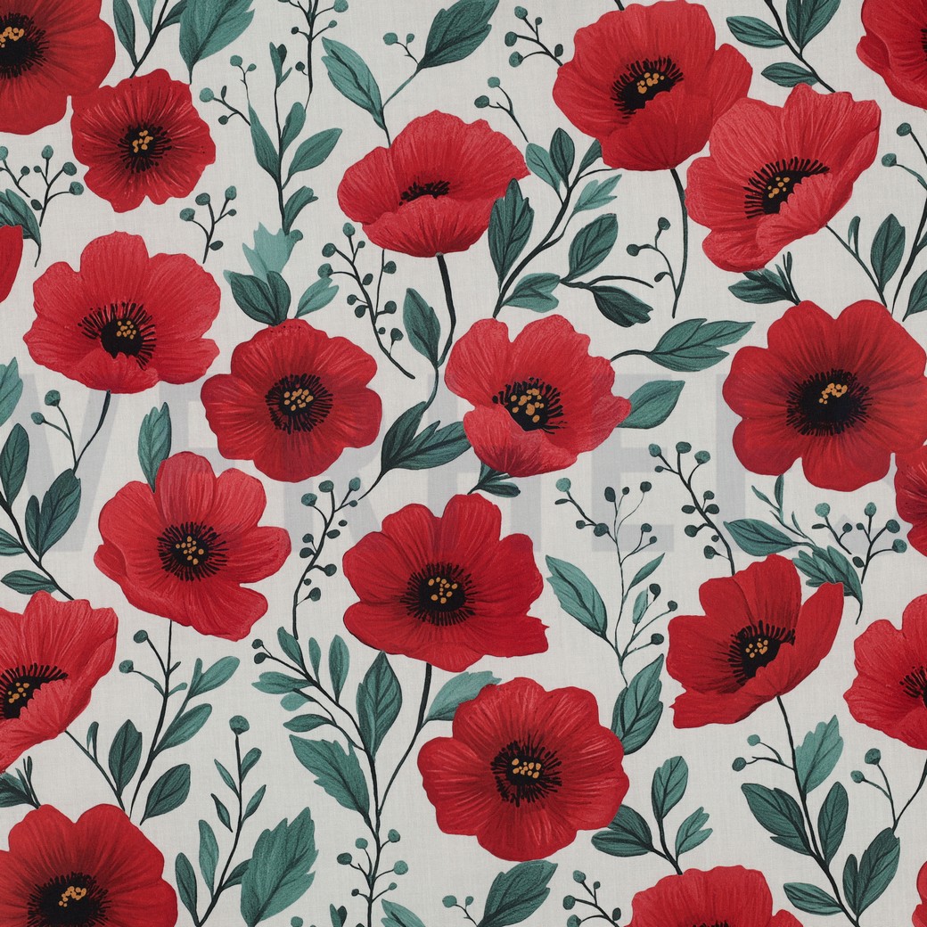 POPELINE DE COTON DIGITAL FLORAISON BLANC CASSÉ