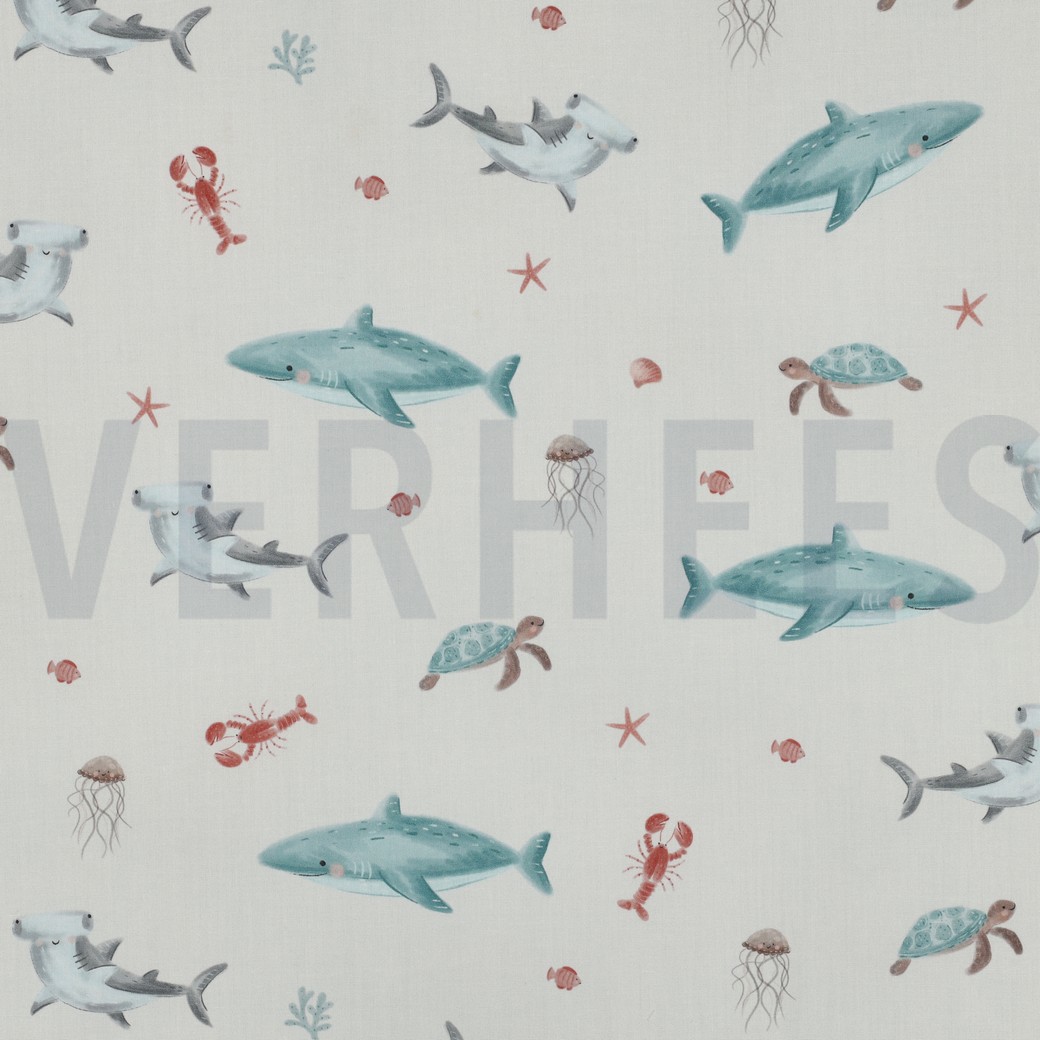 KATOENEN POPLIN DIGITAAL ZEELEVEN GEBROKEN WIT