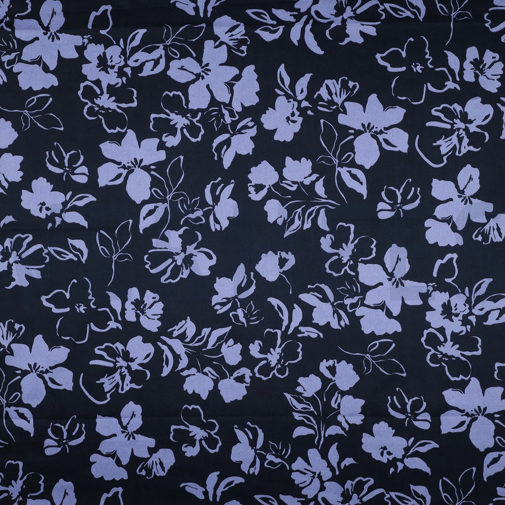 KATOEN SATIJN BLOEMEN MARINEBLAUW