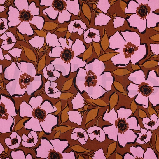 KATOEN SATIJN BLOEMEN KARAMEL #7